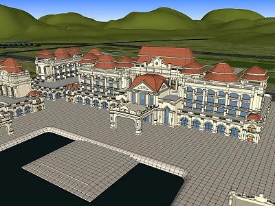 Grand Hotel Building With Red Roofs White Exterior Spacious Square Water Area And Mountain View 3d model