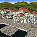 Grand Hotel Building With Red Roofs White Exterior Spacious Square Water Area And Mountain View