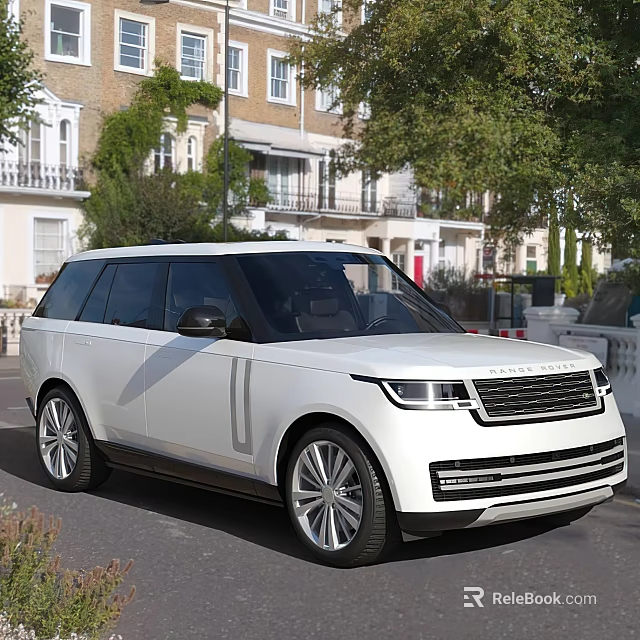 White Luxury Range Rover SUV Parked On Urban Street With Buildings And Trees 3d model 