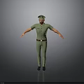 3D Character Wearing Green Uniform And Cap Arms Outstretched On Gray Background With Black Shoes
