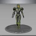 3D Green Armored Character Model With Helmet And Glowing Parts On Silver Base