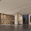 Modern Minimalist Gallery Interior With Paintings On Walls Shelving And Dark Flooring