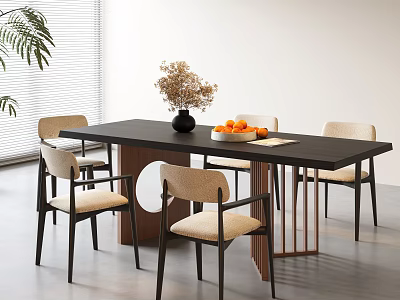 Modern Dining Table and Chairs Set with Black Top Beige Upholstered Seats Dried Flowers Oranges 3d model