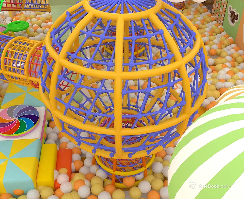 Vibrant Play Equipment With Yellow Blue Net Sphere Colorful Balls And Playful Shapes 3d model 