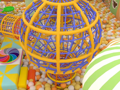 Vibrant Play Equipment With Yellow Blue Net Sphere Colorful Balls And Playful Shapes 3d model
