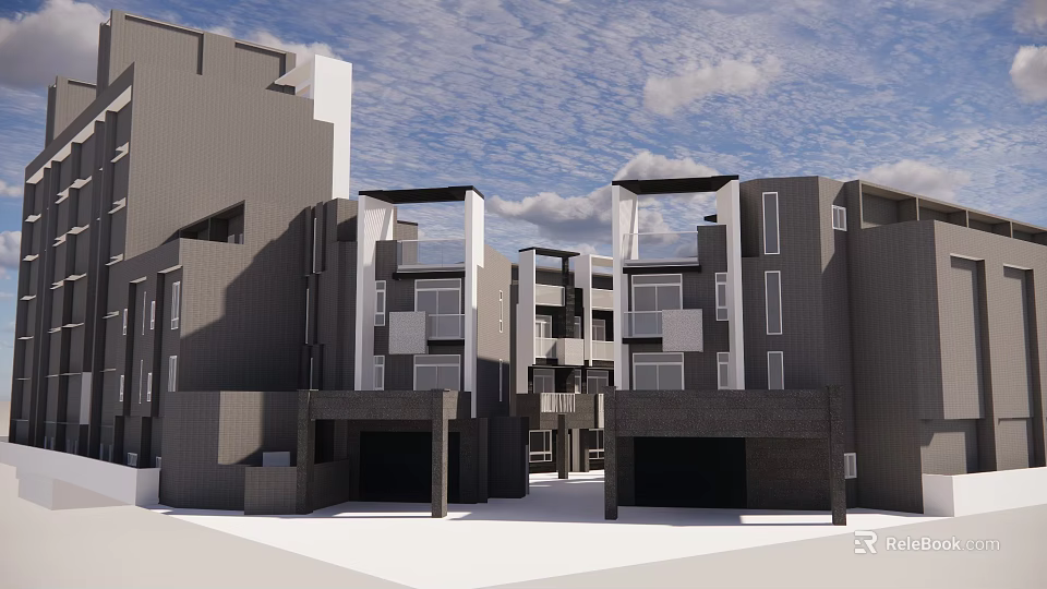 Modern Townhouse Exterior Architecture With Multiple Units Garage Entrances Gray White Facade 3d model 