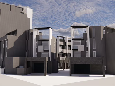 Modern Townhouse Exterior Architecture With Multiple Units Garage Entrances Gray White Facade 3d model