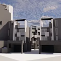 Modern Townhouse Exterior Architecture With Multiple Units Garage Entrances Gray White Facade