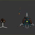 Blue Red And Brown Space Exploration Machinery With Propeller Glowing Lines And Elongated Structure