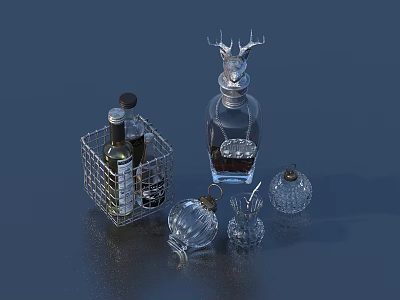 Wine Bottles and Glasses Decorative Display with Metal Basket Deer Head Decoration and Transparent Crystal 3d model