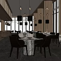 Modern Restaurant Interior With Marble Dining Tables Black Chairs And Pendant Lights