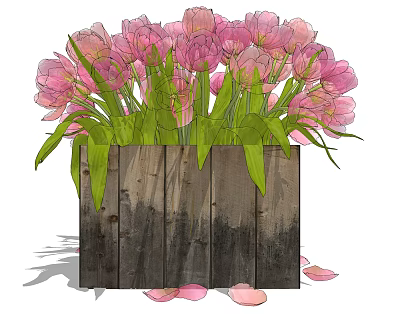 Pink Tulips in Rustic Wooden Container with Green Leaves and Fallen Petals 3d model