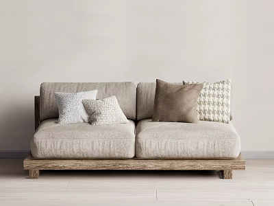 Two seater Fabric Sofa With Neutral Tones Wooden Base And Patterned Pillows 3d model