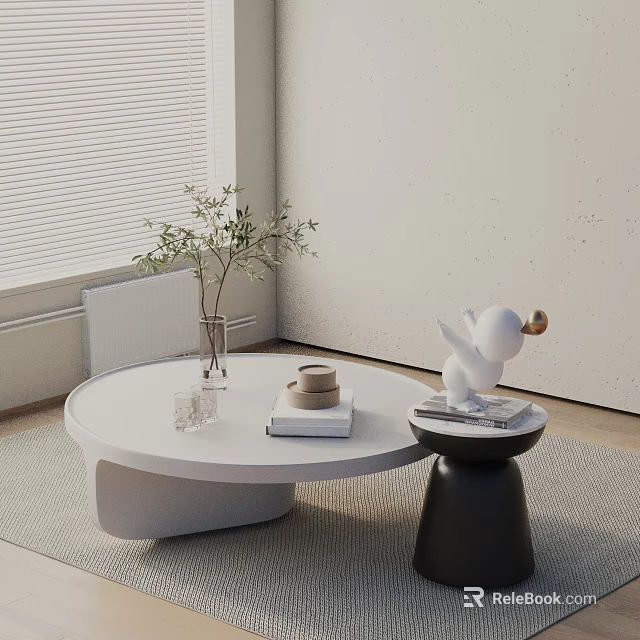 Modern Sofa Coffee Table Set With White Round Table Black Side Table Green Plant And Books 3d model