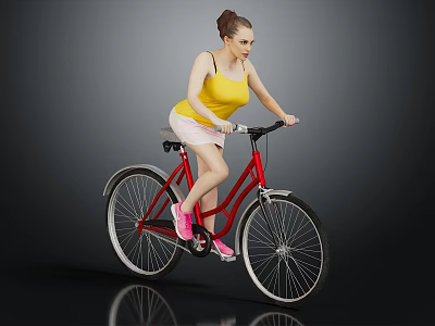 Woman Riding Red Bicycle In Yellow Tank Top White Shorts Pink Sneakers Gray Background 3d model