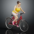 Woman Riding Red Bicycle In Yellow Tank Top White Shorts Pink Sneakers Gray Background