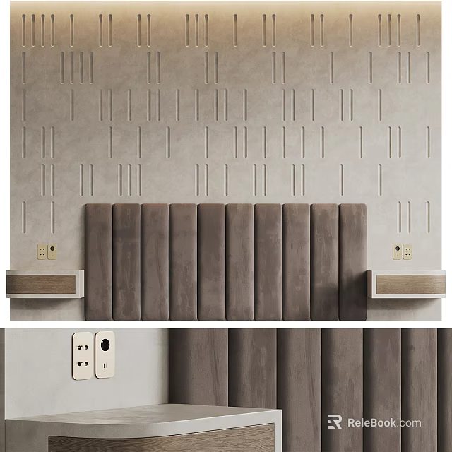 Modern Gray Textured Background Wall With Upholstered Headboard And Nightstands 3d model 