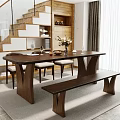 Modern Wooden Dining Table Set with Chairs Bench Fruit Vase and Cutlery