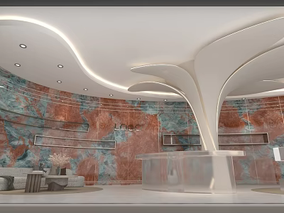 Modern Luxury Boutique With Marble Walls Curved Ceiling White Reception Desk And Display Shelves 3d model