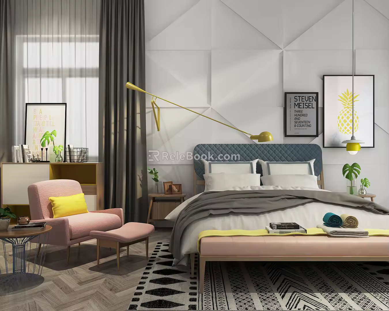 Nordic Background Double Bed Double Bed Combination 3d model