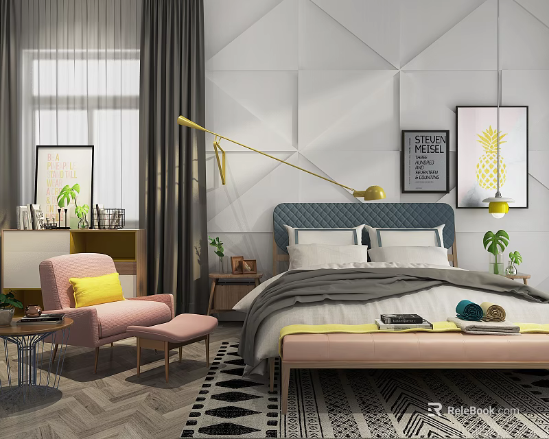 Modern Bedroom Interior With Double Bed Blue Headboard Pink Chair Floor Lamp and Decorative Art 3d model 