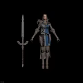Medieval Female Character In Blue And Brown Armor With Long Spear Weapon