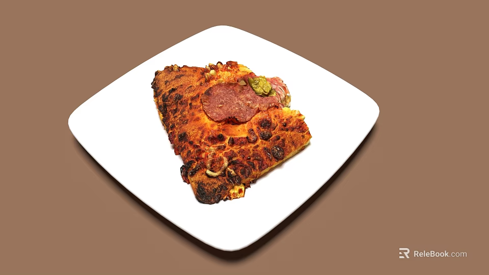 Delicious Pizza Slice with Pepperoni Green Peppers Melted Cheese on White Square Plate Crispy Crust 3d model 