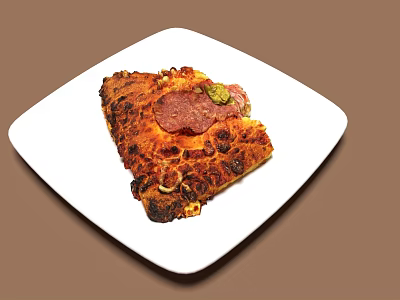Delicious Pizza Slice with Pepperoni Green Peppers Melted Cheese on White Square Plate Crispy Crust 3d model