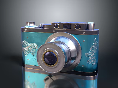 Vintage Camera With Blue Body Silver Lens And Decorative Floral Patterns 3d model