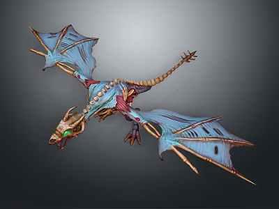 3D Fantasy Dragon Creature With Blue Wings Green Eyes And Skeleton Structure In Flying Pose 3d model