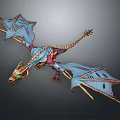 3D Fantasy Dragon Creature With Blue Wings Green Eyes And Skeleton Structure In Flying Pose