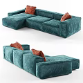 Modular Teal Velvet Sectional Sofa with Orange Cushions in Modern Living Room Interior