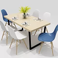 Modern Dining Table Set With Blue Gray Chairs Vase And Tableware 3d model