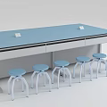 Laboratory Workbench With Blue Surface Drawers And Multiple White Stools Setup 3d model