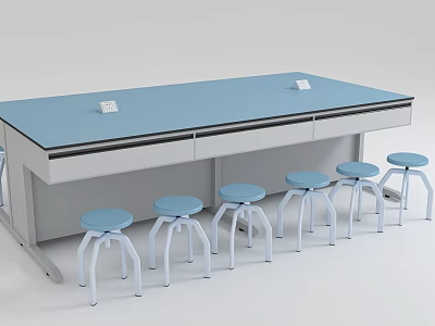 Laboratory Workbench With Blue Surface Drawers And Multiple White Stools Setup 3d model