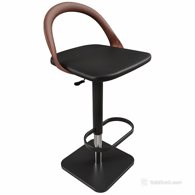 Modern Bar Stool Design With Black Leather Seat And Wooden Backrest 3d model 