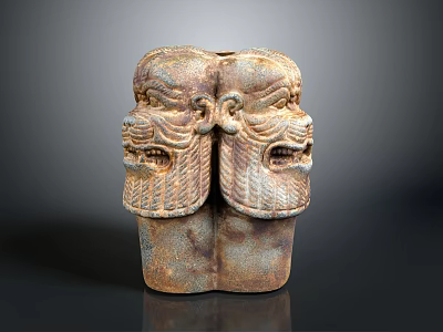 Ancient Double Headed Stone Sculpture With Intricate Facial Carvings And Weathered Texture 3d model