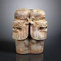 Ancient Double Headed Stone Sculpture With Intricate Facial Carvings And Weathered Texture
