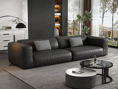 Large Black Leather Sectional Sofa With Plaid Cushions Round Coffee Tables In Modern Living Space 3d model