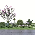 Lush Garden Shrubs With Pink Flowering Tree Green Lawn And Paved Pathway
