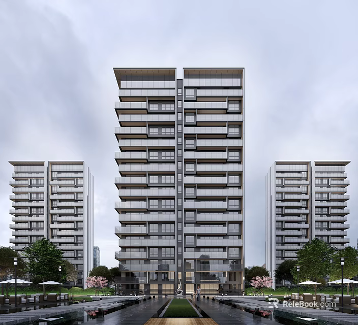 Modern High Rise Residential Buildings With Balconies And Surrounding Greenery And Trees 3d model 