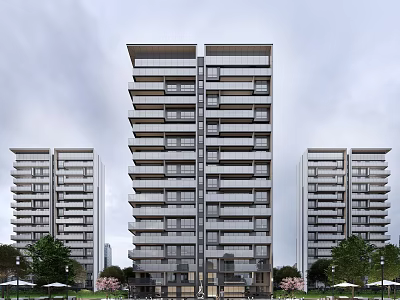 Modern High Rise Residential Buildings With Balconies And Surrounding Greenery And Trees 3d model
