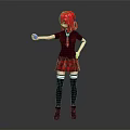 Game Character Featuring Red Hair Black Top Red Plaid Skirt Black Socks And Blue Ball