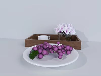 Decorative Ornament Set With Purple Grapes White Plate Wooden Tray And White Flowers Vase 3d model