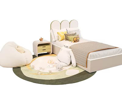 Cozy Kids Bed With Bean Bag Chair Nightstand Rug Pillows And Stuffed Toys 3d model