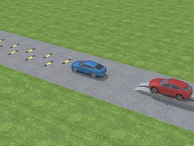 Blue And Red Cars Driving On Adjacent Gray Roads With Green Grass And Yellow Markers 3d model