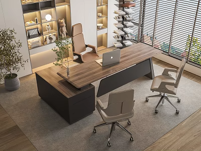 Wooden Office Desk With Laptop Three Ergonomic Chairs Bookshelves And Natural Light 3d model