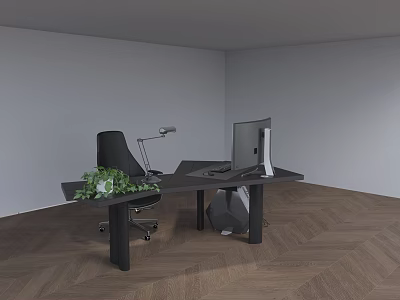 Black Office Desk With Chair Monitor Lamp Green Plant On Wooden Floor With Gray Walls 3d model