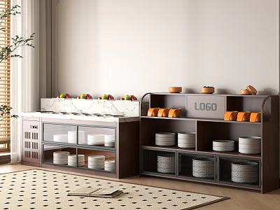 Modern Functional Desk With Wooden Storage Shelves And Displayed Bowls And Fruits 3d model