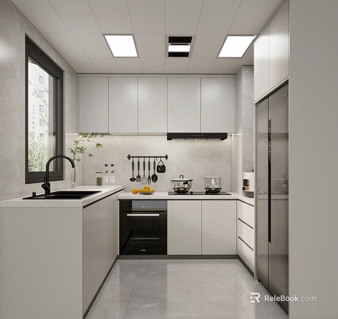 Modern White Kitchen Interior With Clean Countertop Cabinets And Stainless Steel Appliances 3d model 